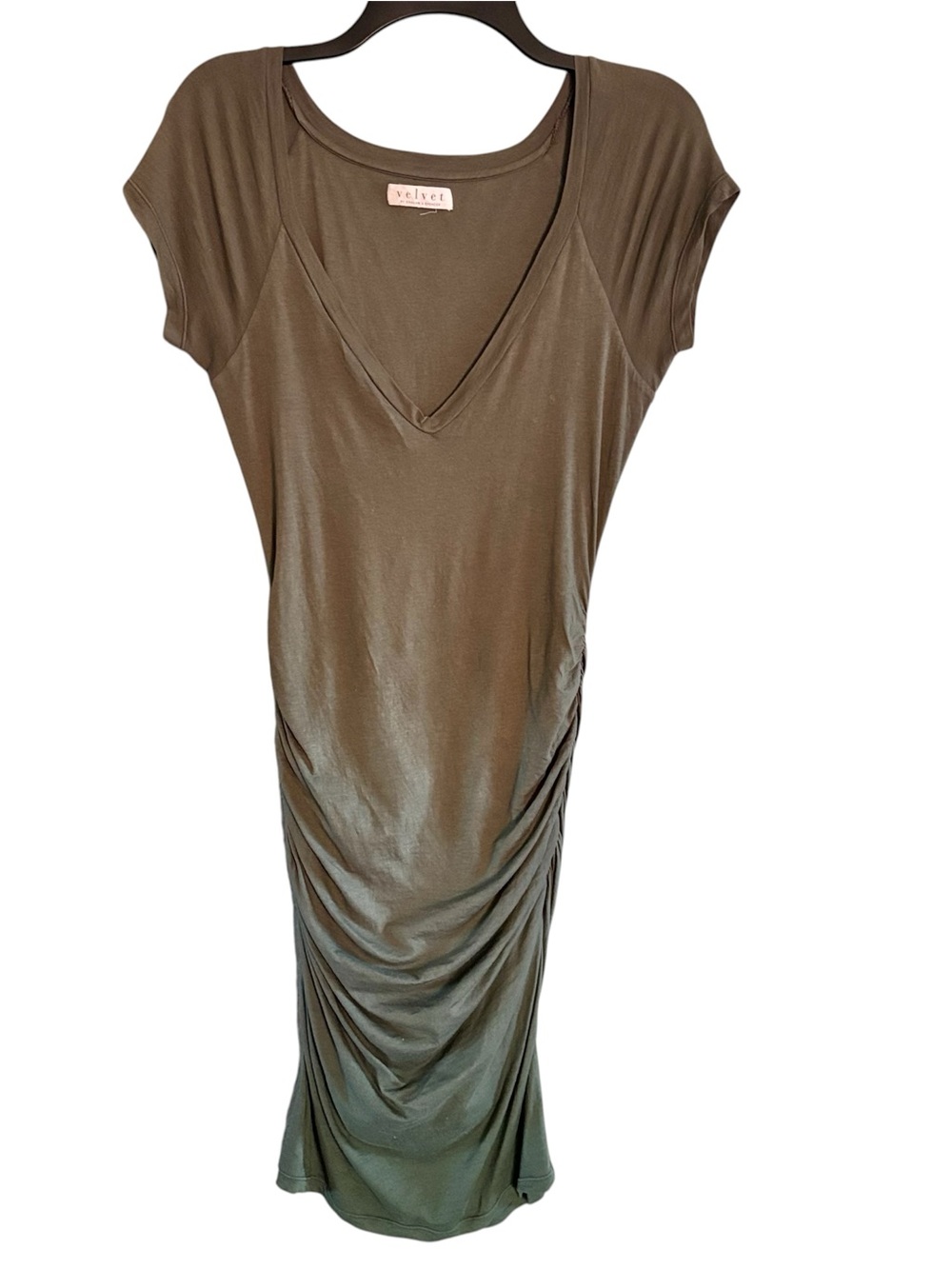Velvet Olive Green V-Neck Ruched Midi Dress Size S